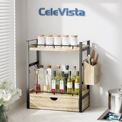 CeleVista 2-Tier Wood Bathroom Counter Organizer, Countertop Organizer with Drawer and Storage Basket, Bathroom Sink Organizer for Vanity, Skincare, Makeup, and Daily Essentials (Light Brown)