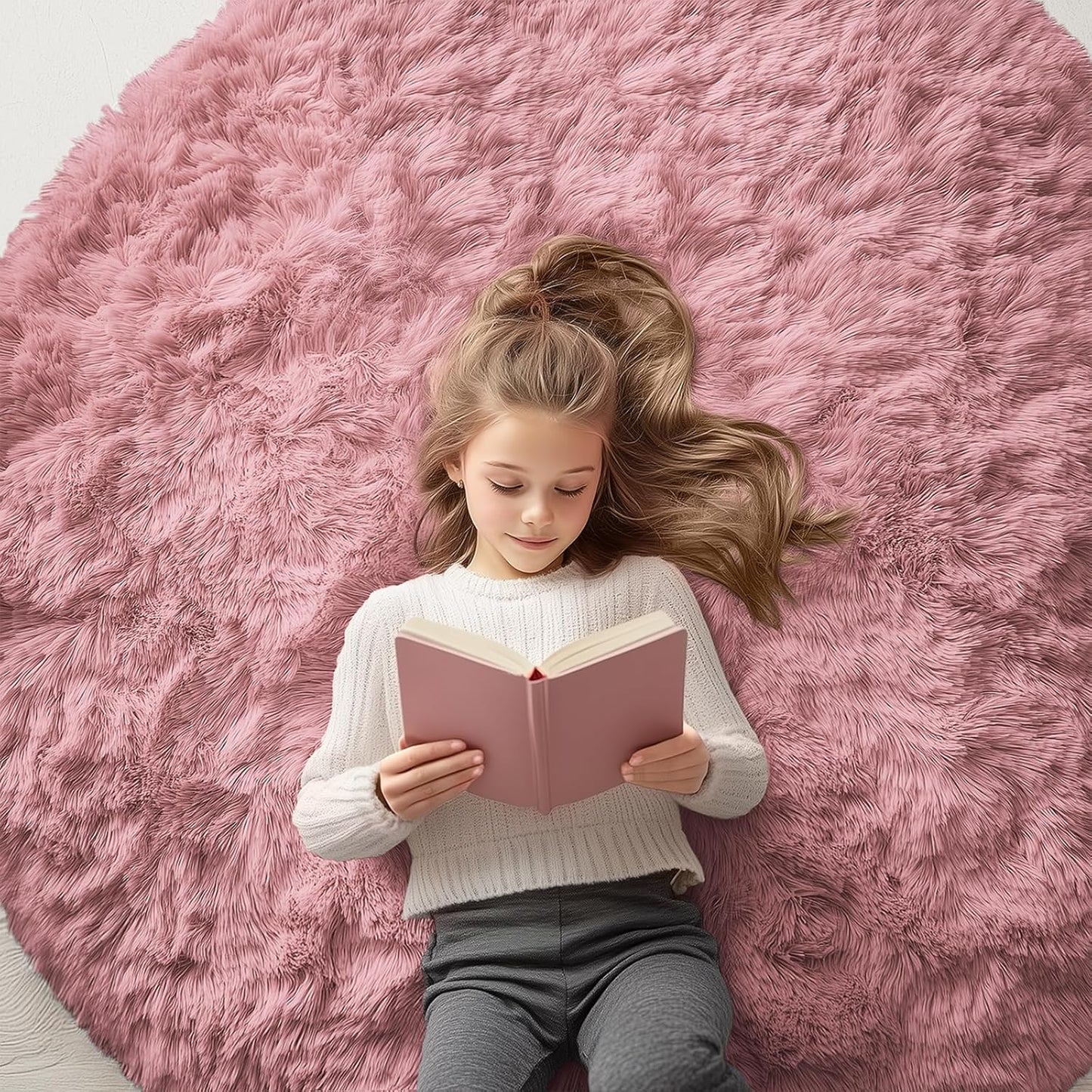 OLANLY Round Area Rug - Soft & Fluffy Pale Pink Shaggy Carpet | 5 ft Circle for Bedroom & Nursery Decor