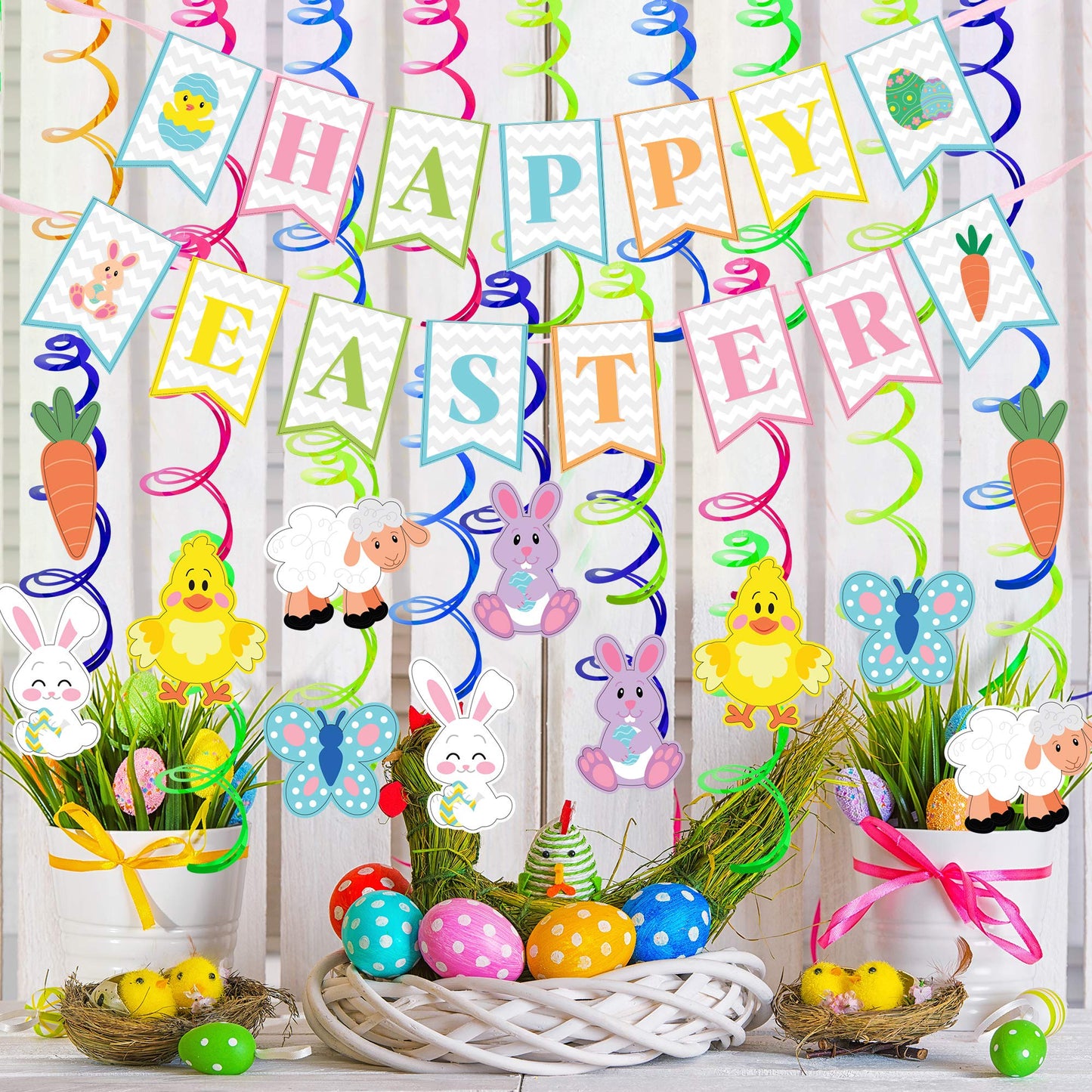 JOYIN 31 PCS Easter Decorations Spring Decor Egg Bunny Foil Swirl Party Hanging Decoration Huge Value Kit for Easter Home Themed Party