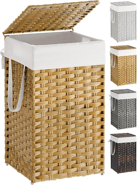 SONGMICS Laundry Hamper - 17.2 Gallon Synthetic Rattan Basket with Lid & Handles | Foldable, Goose Yellow