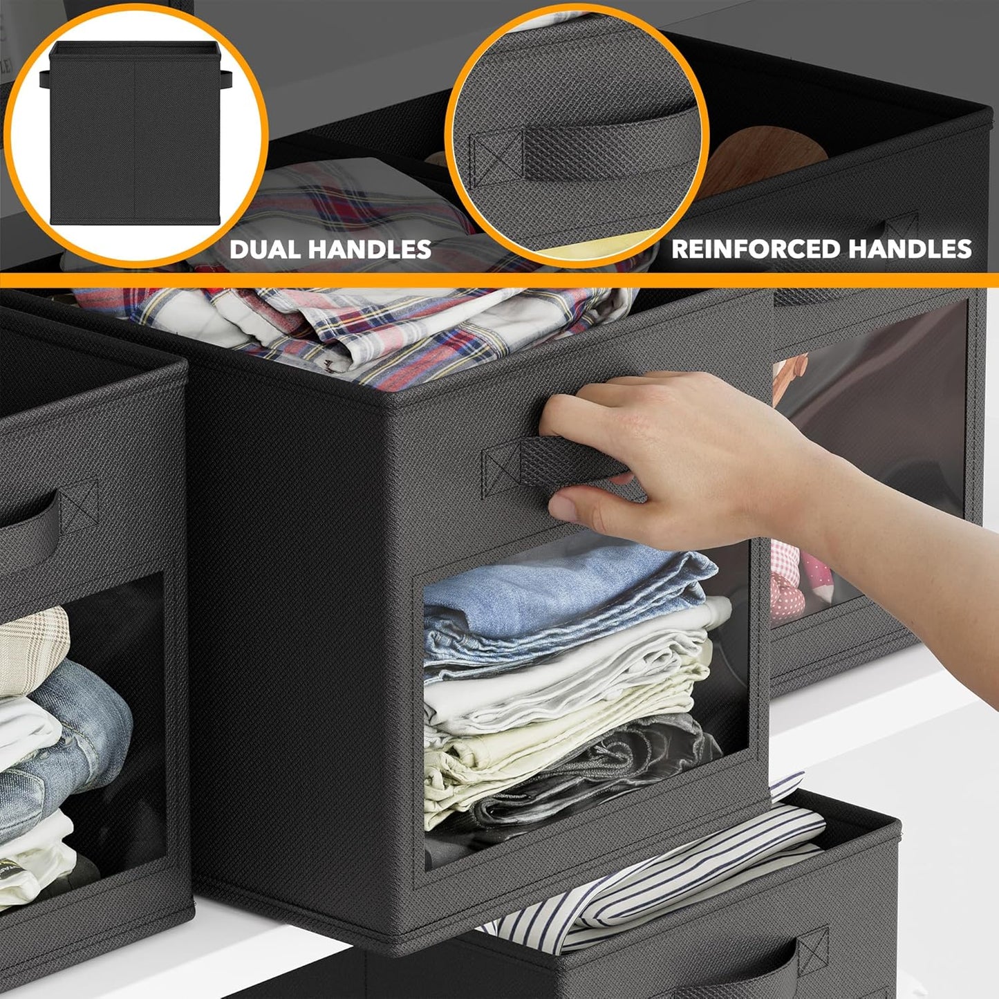 SpaceAid Storage Cubes - Set of 6 Foldable Fabric Bins with Clear Windows | 11-Inch Black Organizer