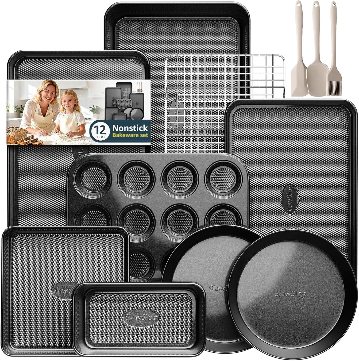 Skiennix 12-Piece Nonstick Bakeware Set - Stackable, Non-Toxic Baking Pans with Rack & Utensils | Black