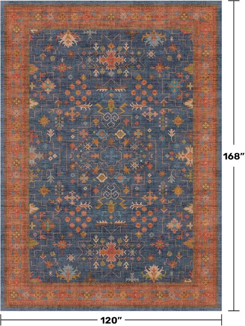Boho Navy Blue Area Rug - Vintage Floral Design, Soft Low Pile, Non-Slip & Stain Resistant | 10x14 for Living Room & Dining Room