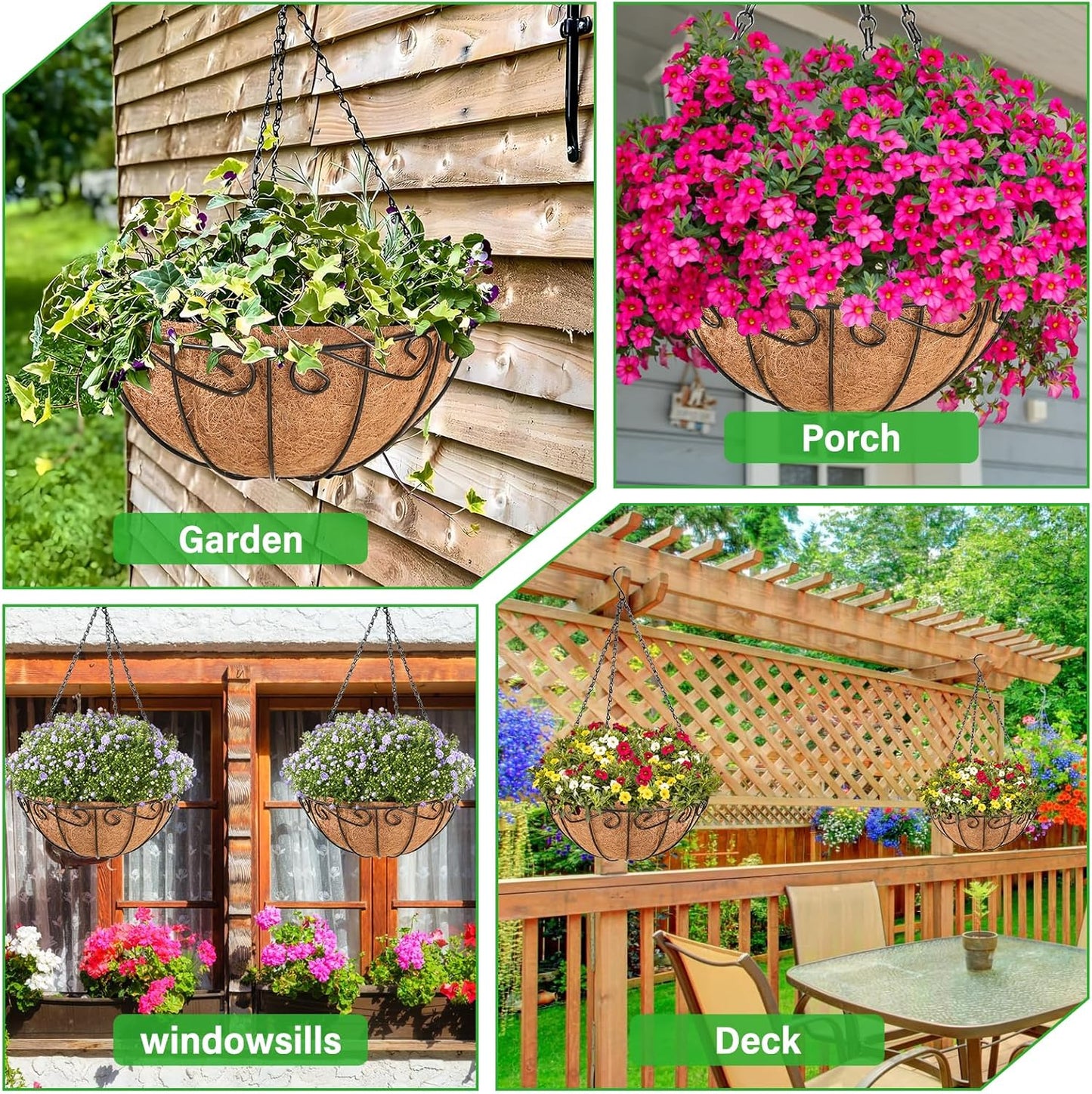 Legigo 12-Inch Metal Hanging Baskets for Outdoor Plants - Round Wire Planters with Coconut Coir Liner