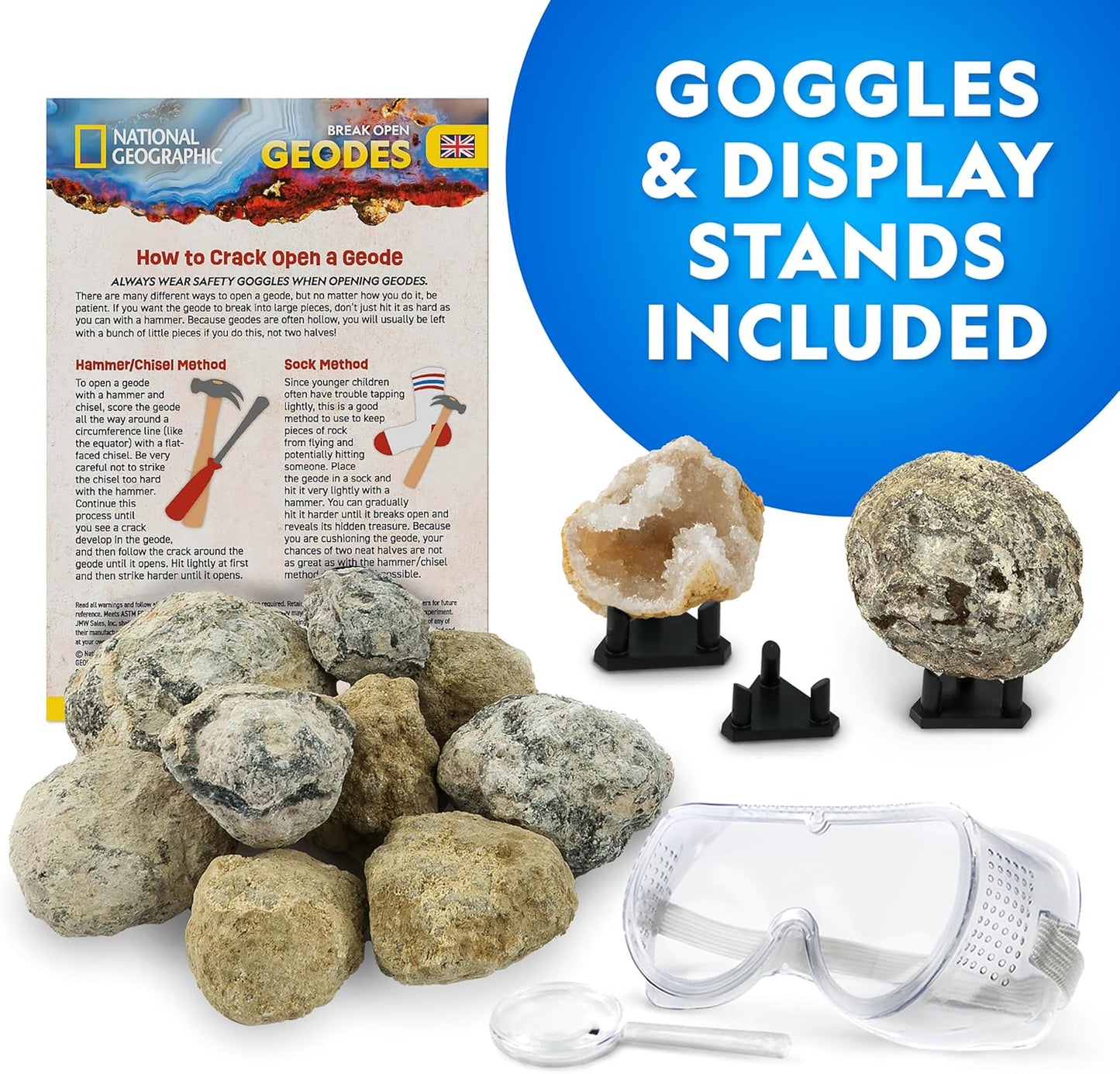 National Geographic Geode Science Kit - Break Open 15 Premium Geodes with Goggles & Stands | Perfect STEM Gift for Kids
