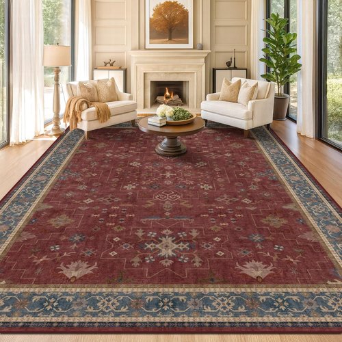 Hazo Haus Oriental 9x12 Soft Area Rug - Dark Red Vintage Design for Living Room & Bedroom, Washable Non-Slip