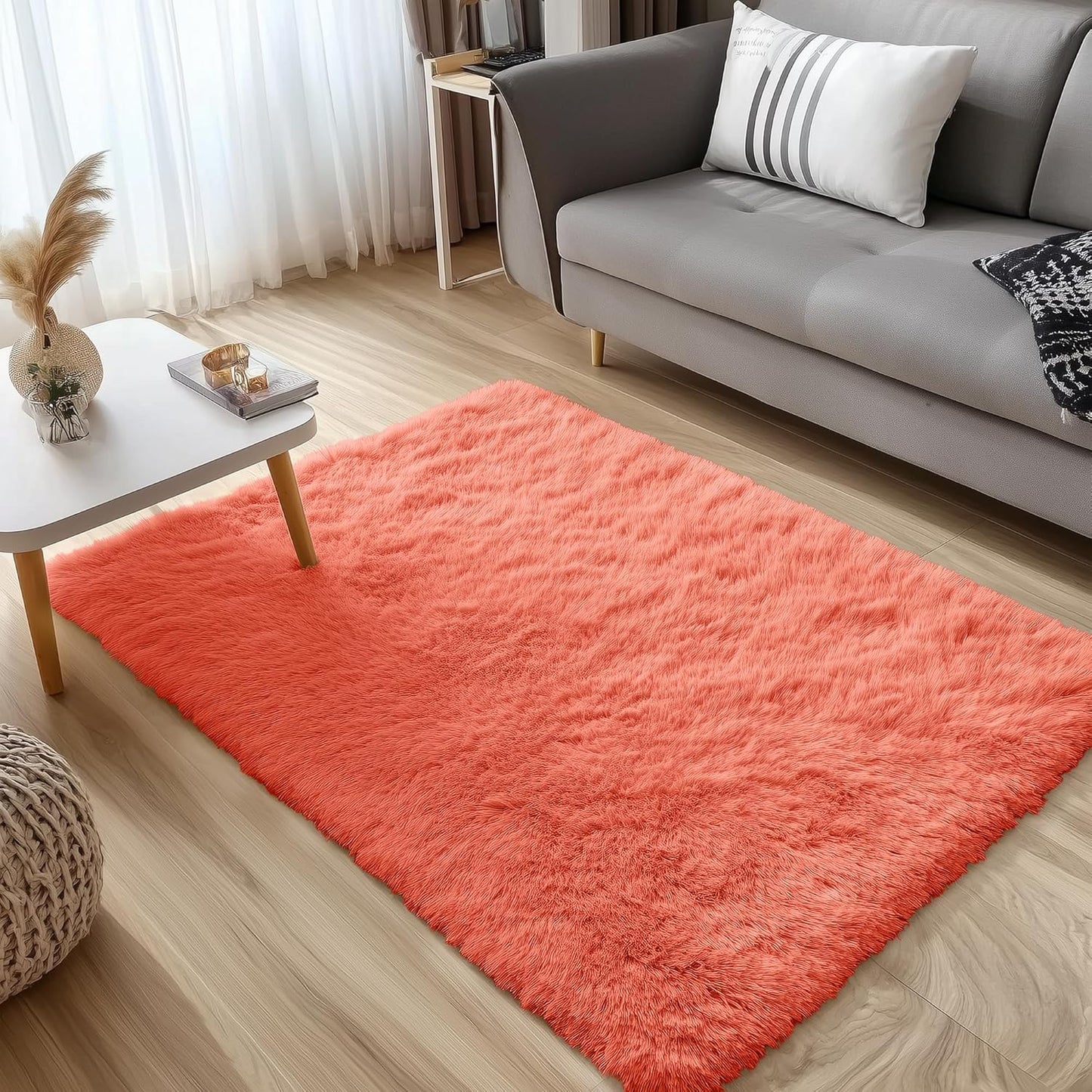 OLANLY Small Bedside Rug - Soft Fluffy Shaggy Carpet for Living Room & Bedroom | Coral Red, Machine Washable