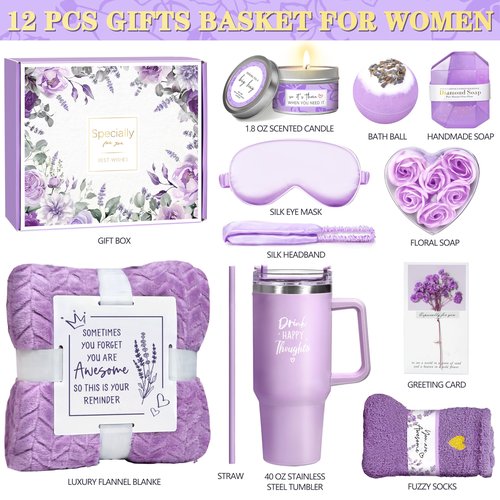 Birthday Gifts for Women Self Care Get Well Soon Gifts, Lavender Relaxing Spa Gift Basket - Care Package w/ Luxury Flannel Blanket & 40 oz Tumbler, Mother's Day Christmas Gift for Mom Her Wife Sister