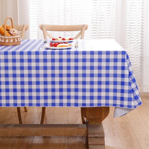 Heavy Duty Vinyl Tablecloth with Flannel Backing Waterproof Oil-Proof Plastic Table Cloth Stain-Resistant Wipeable Rectangle or Square Table Cover for Indoor and Outdoor (Blue Checkered, 52x70 Inch)