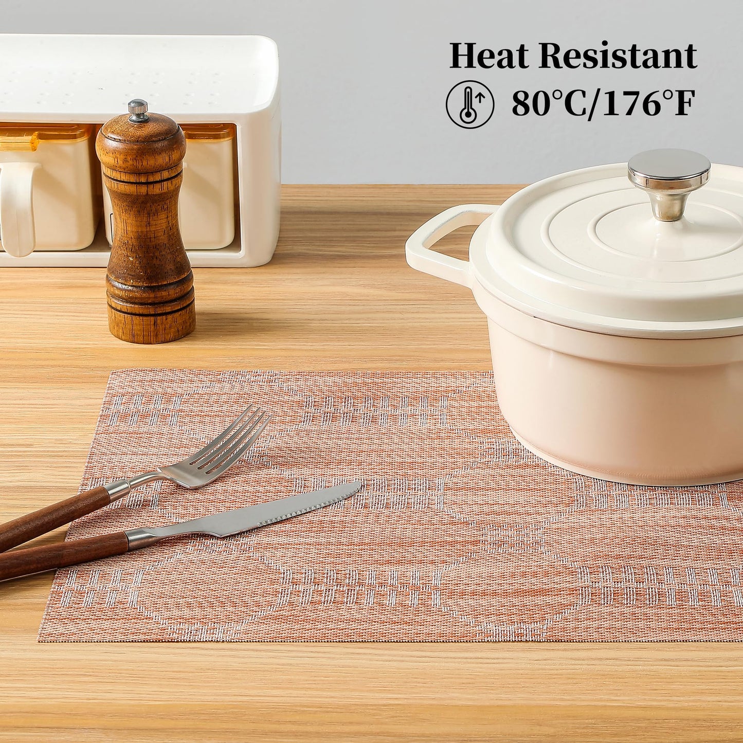 Leetaltree Coral Placemats Set of 4 - Heat Resistant Non-Slip Place mats for Dining Table, Washable Durable PVC Vinyl Woven Table Mats（Coral, 4）