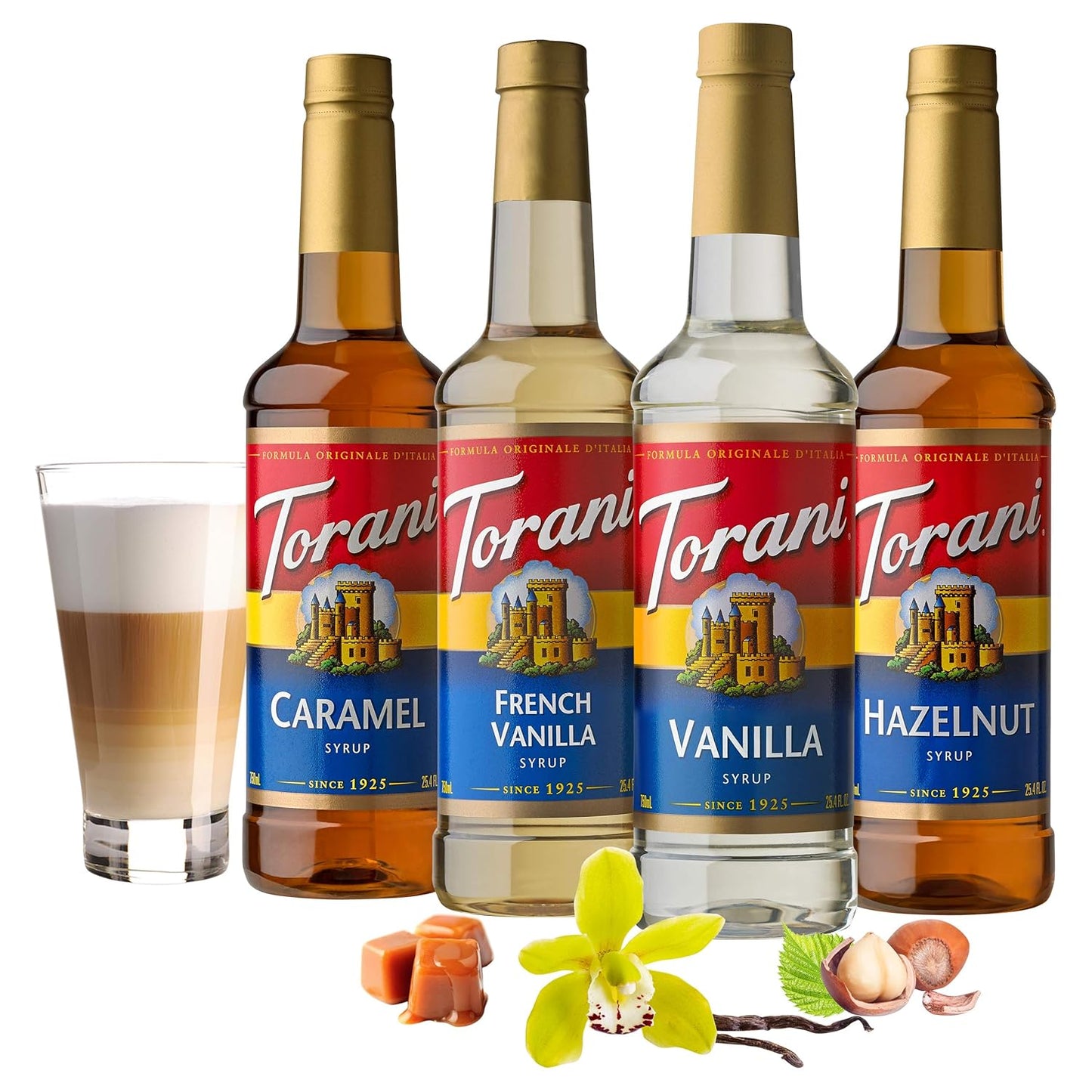 Torani Variety Pack | Caramel, French Vanilla, Vanilla & Hazelnut Syrups - 25.4 Ounces (Pack of 4)