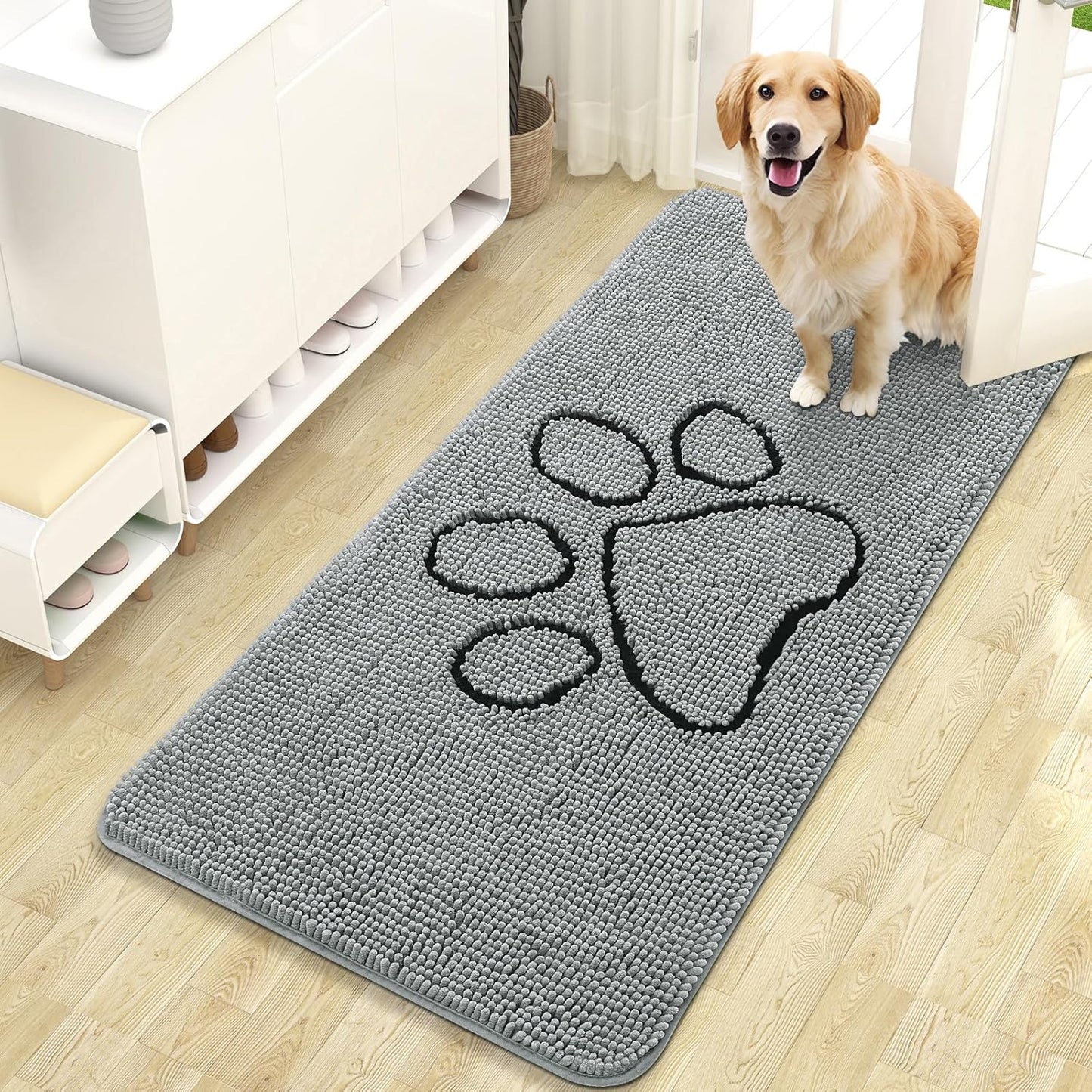OLANLY Dog Door Mat - Absorbent Non-Slip Mud Mat for Paws | 47x24 Grey Chenille Design