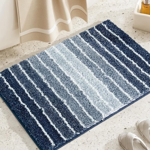 Blue Bathroom Rug - Non-Slip, Soft & Absorbent 18"x24" Navy Stripe Bath Mat | Machine Washable