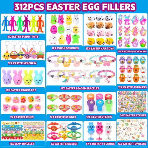Fumogym 312PCS Easter Egg Fillers for Kids Boys Girls Basket Stuffers Party Favors Easter Toy Gifts Egg Hunt Party Supplies Decorations