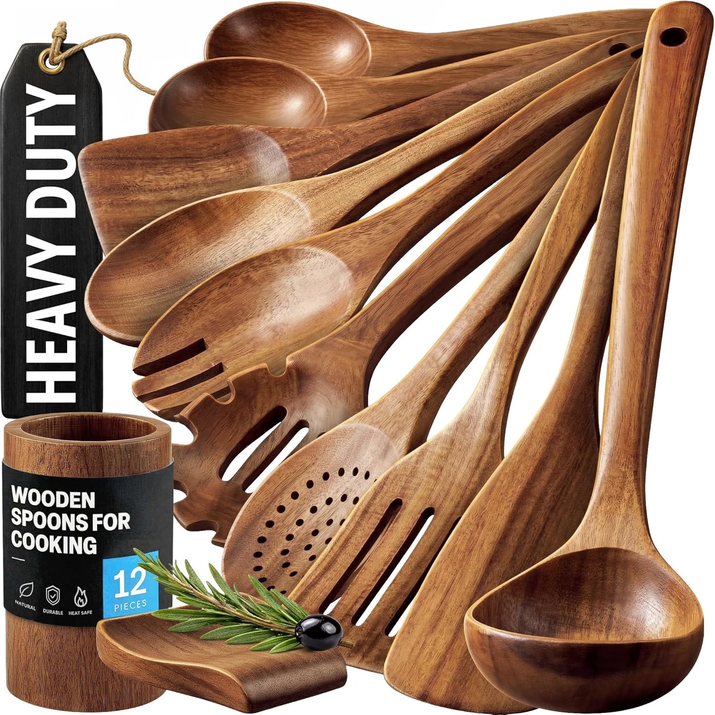 Zulay Kitchen 12-Piece Teak Wooden Utensil Set - Premium Non-Stick Cooking Tools in Gift Box