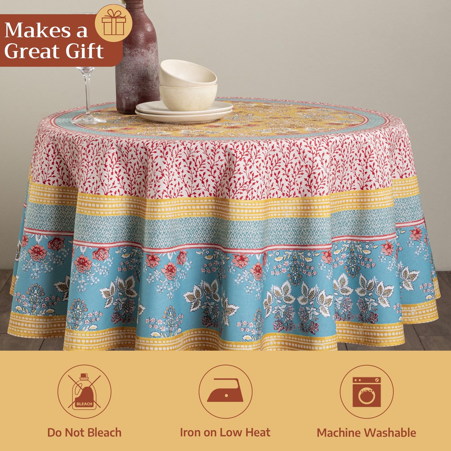 Maison d' Hermine Table Cloth Round Table 100% Cotton 63 Round Inches Tablecloth Reusable Decorative for Dining Kitchen Room Farmhouse Home Gifts for Mothers Day Spring Summer - Marquise