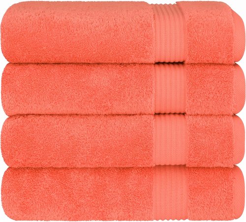 Cotton Paradise 4 Piece Turkish Bath Towels - Extra Large Soft Plush Set in Coral