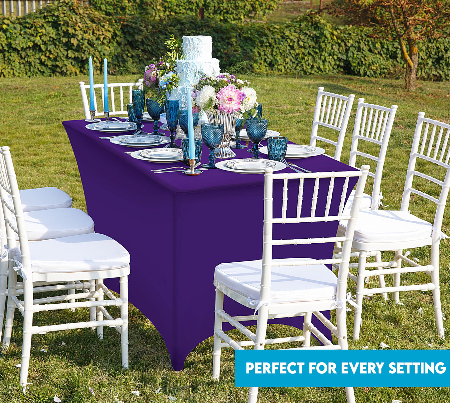 Utopia Kitchen Spandex Tablecloth 2 Pack [8FT, Purple] Tight, Fitted, Washable and Wrinkle Resistant Stretch Table Cloth Rectangle Cover for Trade Show, Weddings & Parties [96Lx30Wx30H Inch]