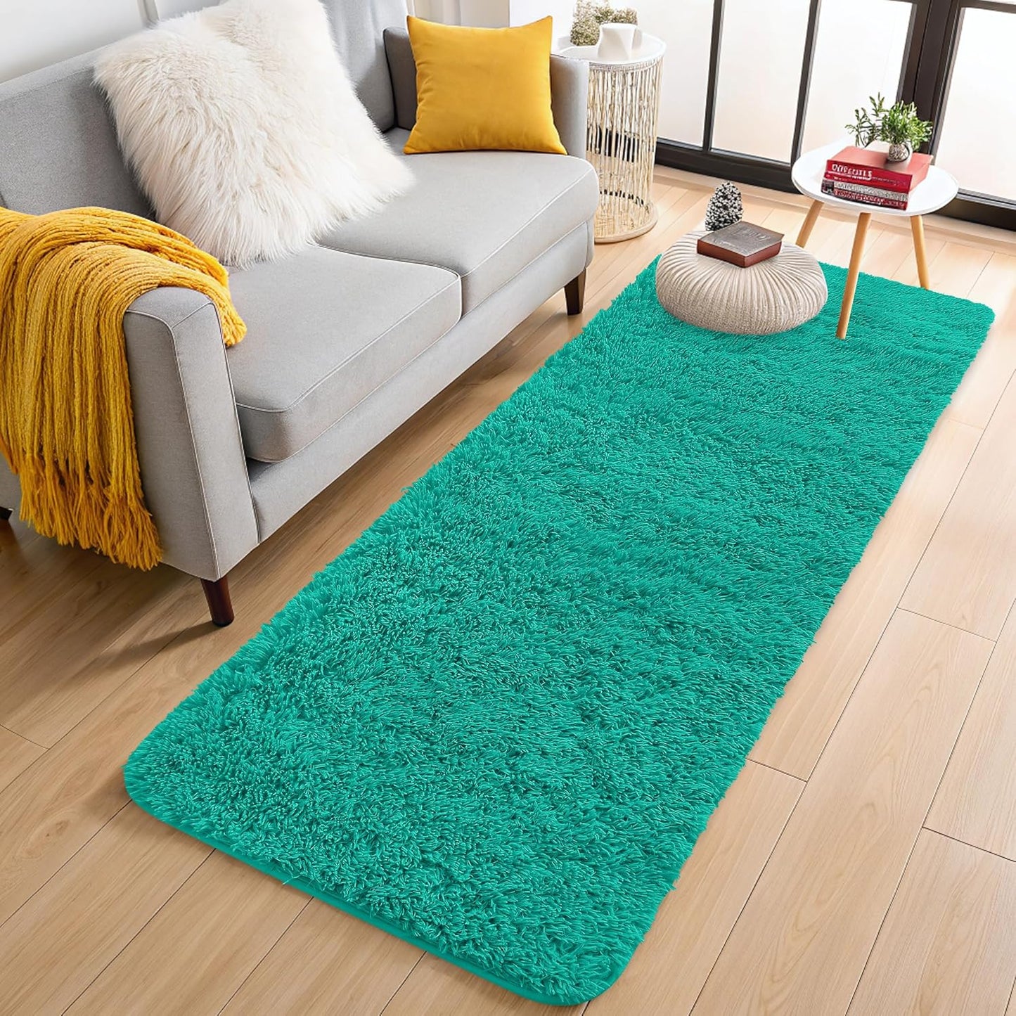 OLANLY 2x5 Soft Fluffy Machine Washable Runner Rug - Teal Green Shaggy Carpet for Bedroom & Hallway