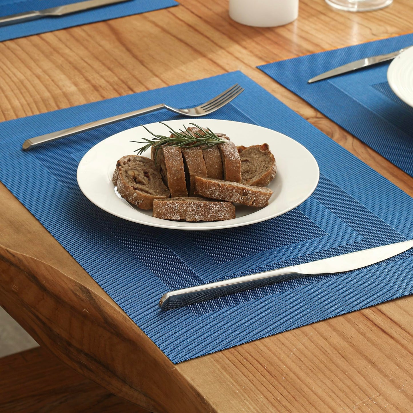 Leetaltree Blue Frame Placemats Set of 6 - Heat Resistant Non-Slip Place mats for Dining Table, Washable Durable PVC Vinyl Woven Table Mats（Blue Frame, 6）