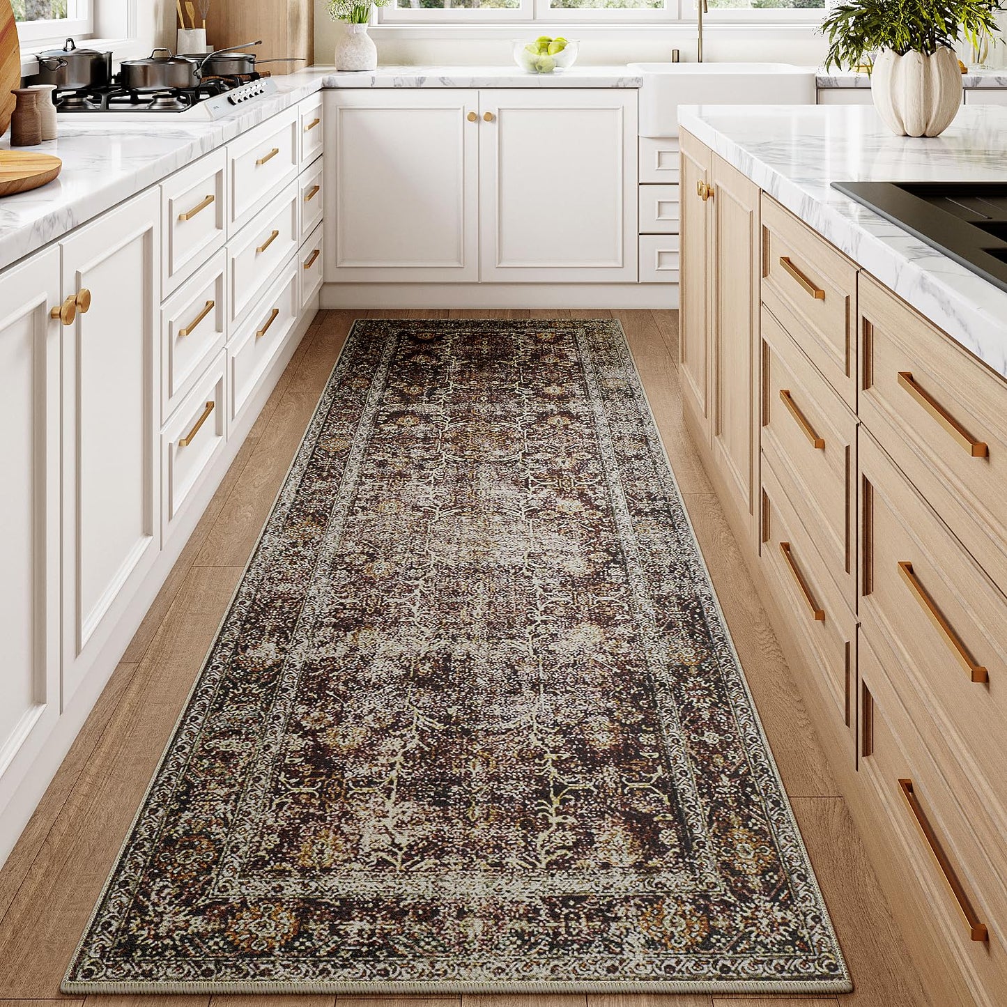 PureCozy Rust Red Runner Rug 3x10 Vintage Area Carpet Hallway Long Indoor Kitchen Washable Living Room Low Pile Traditional Distressed Retro Accent Throw Rug Non Slip Laundry Bathroom Office