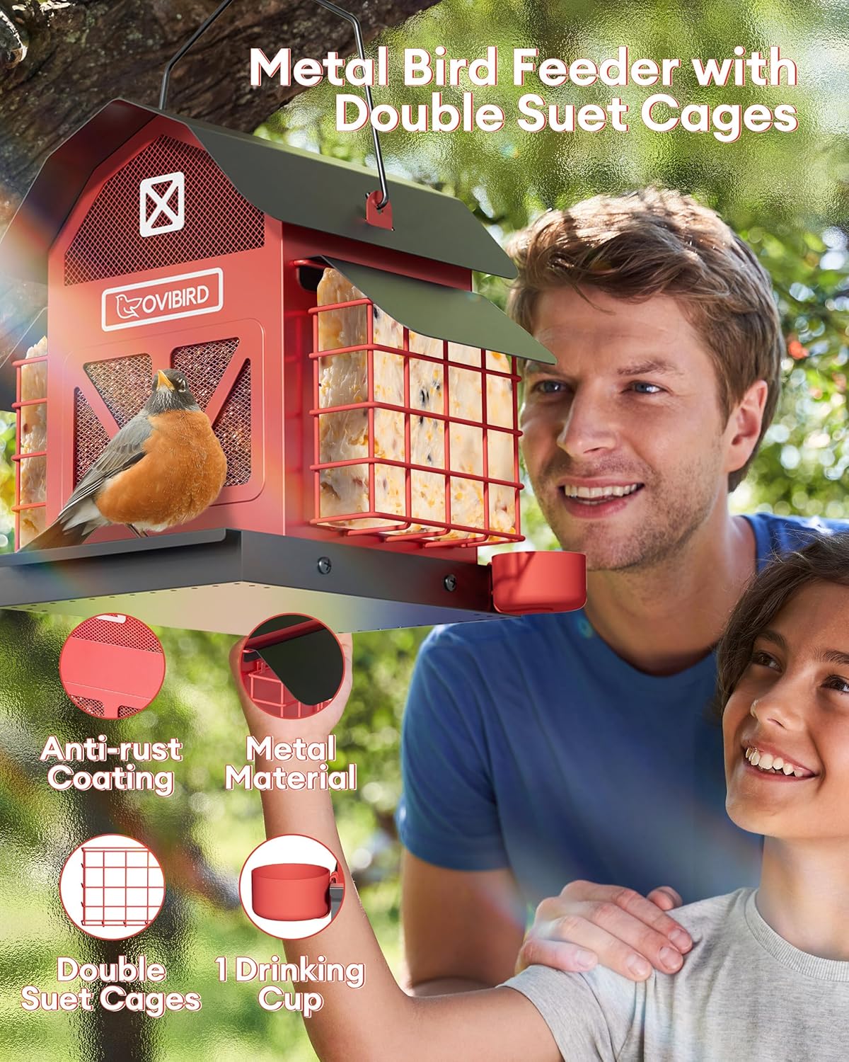 Red Barn Metal Bird Feeder - Large 5LBS Outdoor Hanging Feeder with 2 Suet Cages | Weather Resistant for Bird Watching