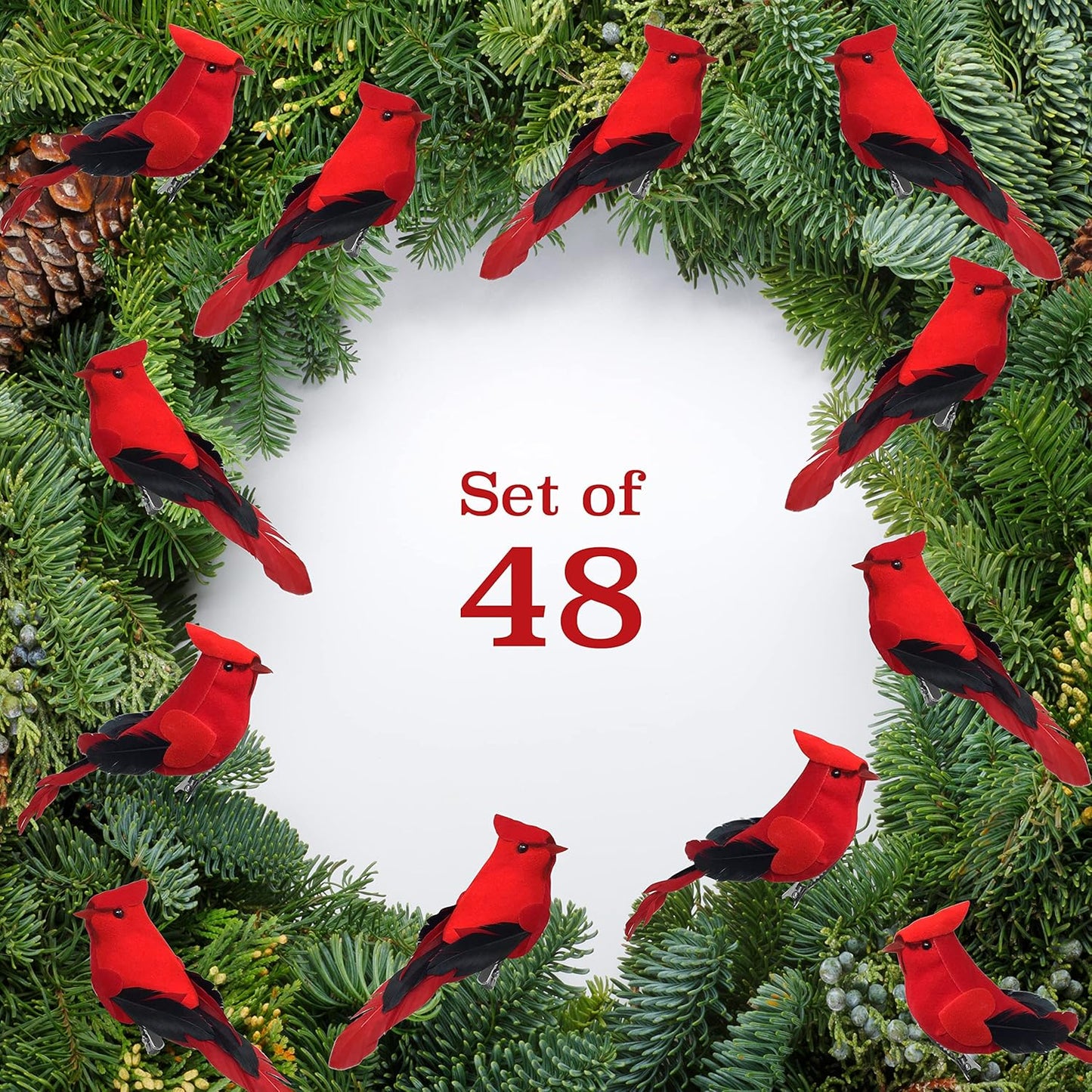 Red Cardinal Clip-On Christmas Tree Ornaments - Set of 12, 5" Long with Flocked Body & Feathered Wings