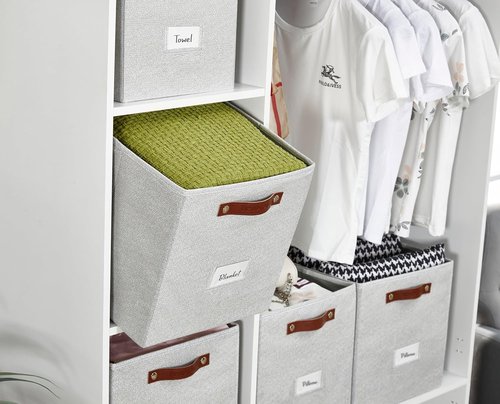 DECOMOMO Storage Baskets - 13x15x13 Cube Bins with Labels for Organized Shelves | Light Grey (4-Pack)
