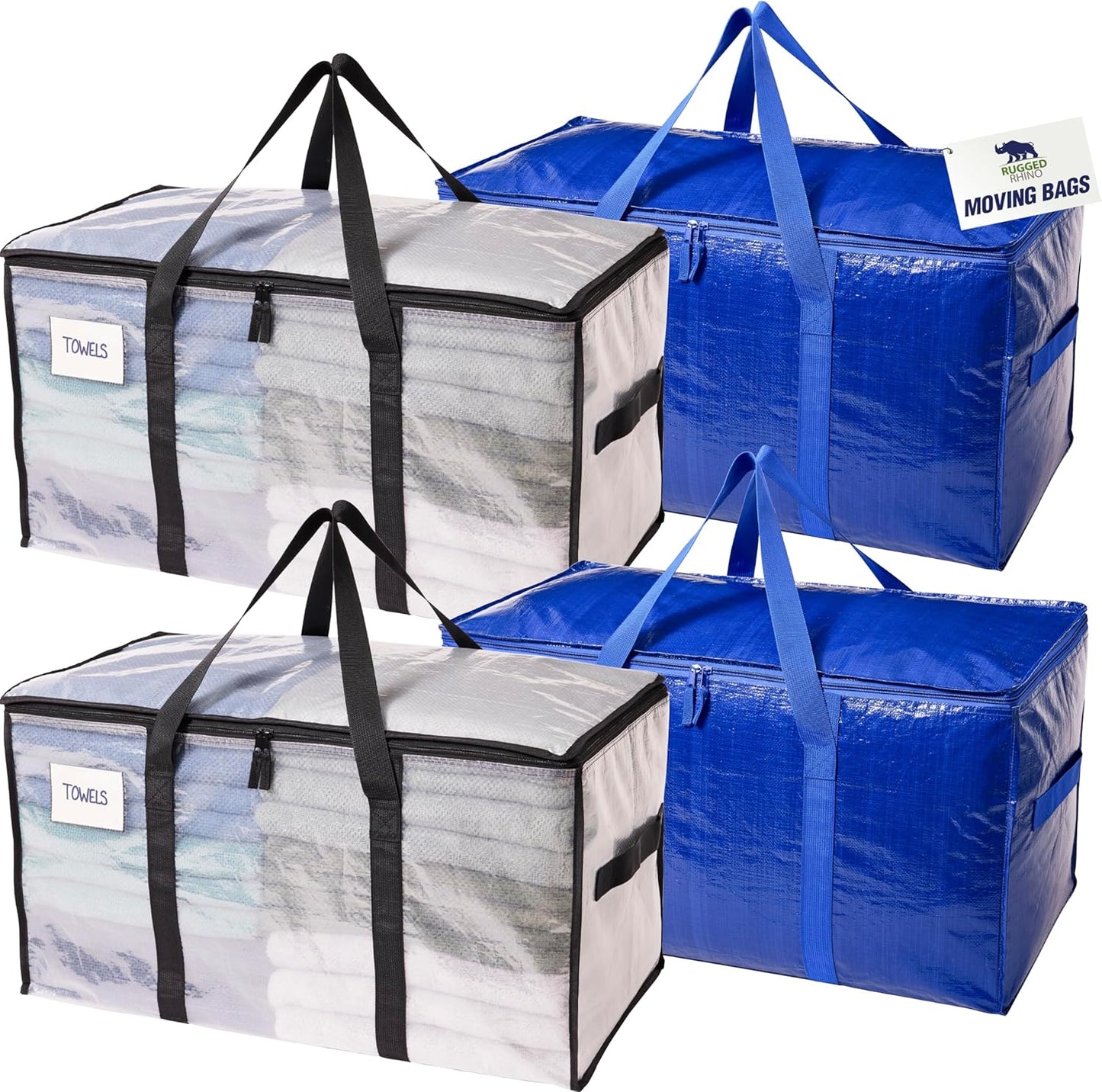 Rugged Rhino Heavy Duty Extra Large Moving Bags - Durable, Space-Saving Storage with Strong Handles | Blue/Clear 4-Pack