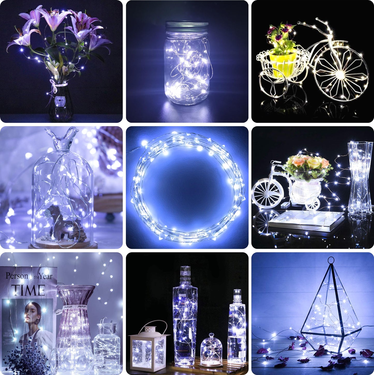 Kangheshun 2 Pack Led Fairy Lights Battery Operated String Lights Waterproof Silver Wire 7 Feet 20 Led Firefly Starry Moon Lights for DIY Wedding Party Bedroom Patio Christmas (2 Pack, White)