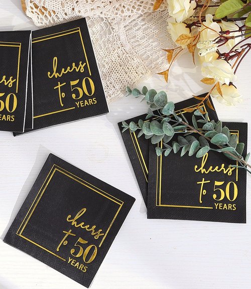 Cheers to Years Cocktail Napkins - 50 PK - 3-Ply Birthday Napkins 5x5 Inches Disposable Party Napkins Beverage Paper Napkins or Birthday Decorations Wedding Anniversary Black and Gold (50 Years)