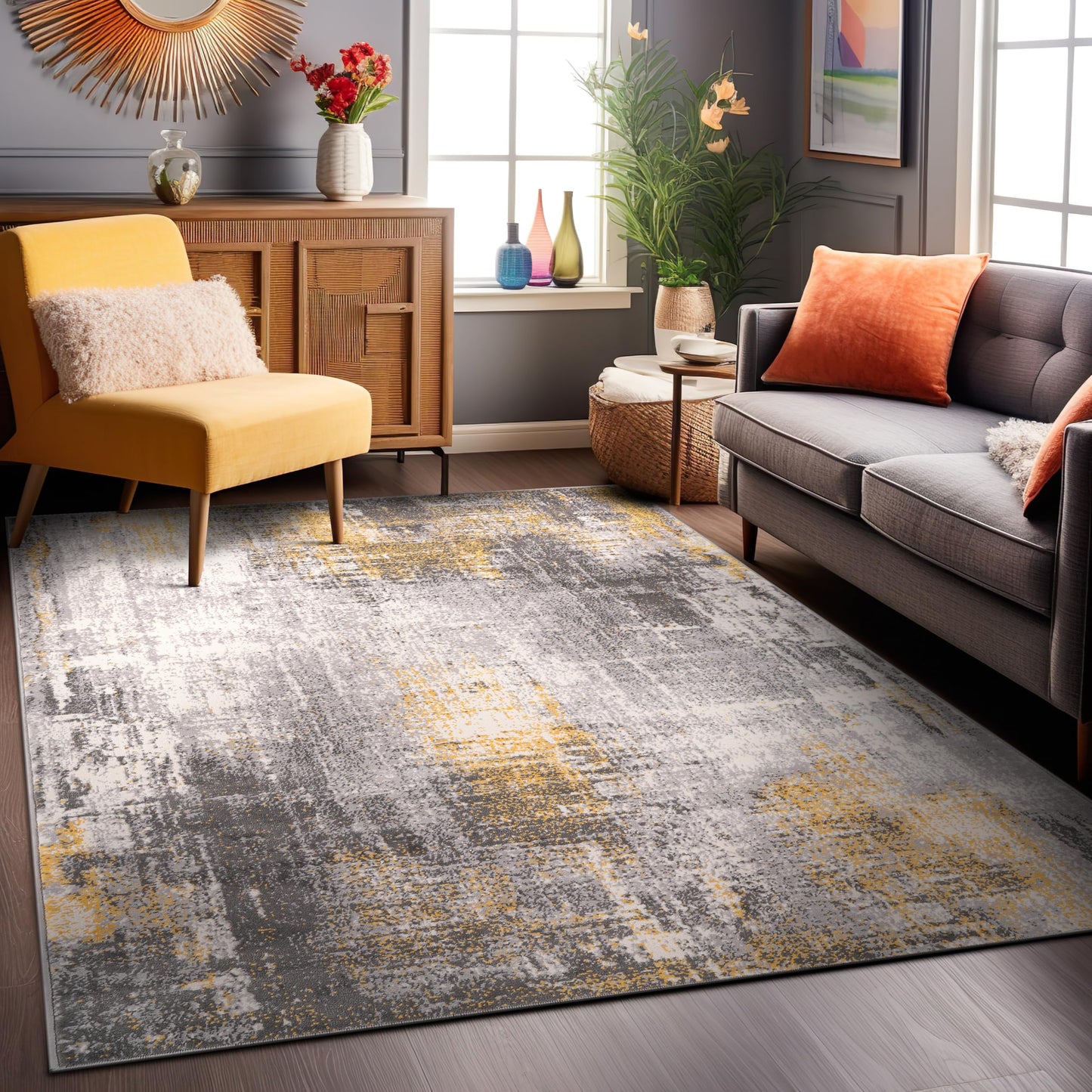 Rugshop Dublin Contemporary Abstract Stain Resistant Soft Area Rug 5' x 7' Yellow