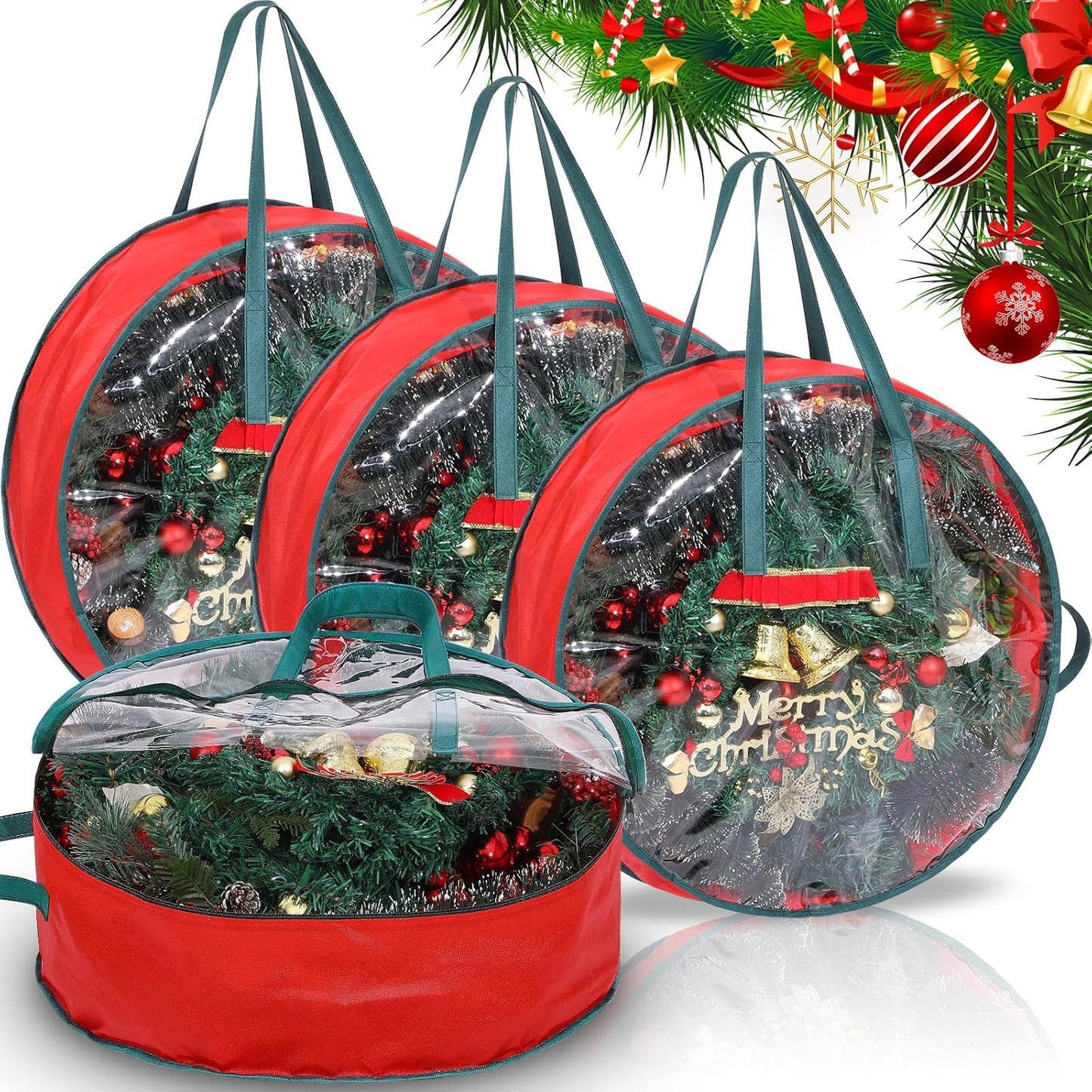 Shappy Wreath Storage Bag - 4 Pcs Clear Window Containers with Handle for Holiday Decor | 24 Inch
