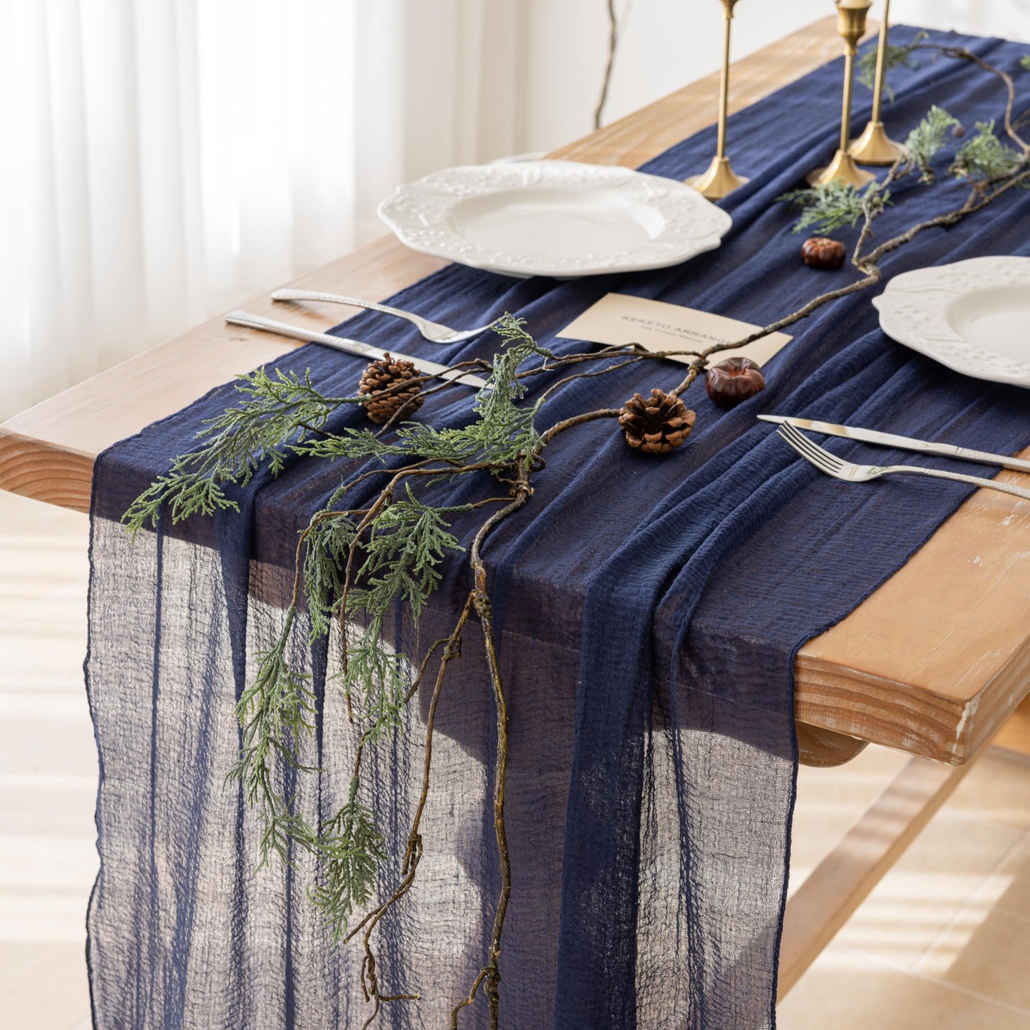 Keketoarrange Navy Blue Gauze Rustic Cheesecloth Table Runner 120 Inch 10 FT for Wedding Baby Shower Bridal Shower Birthday Engagement Garden Outdoor Party Long Sheer Boho Decorations