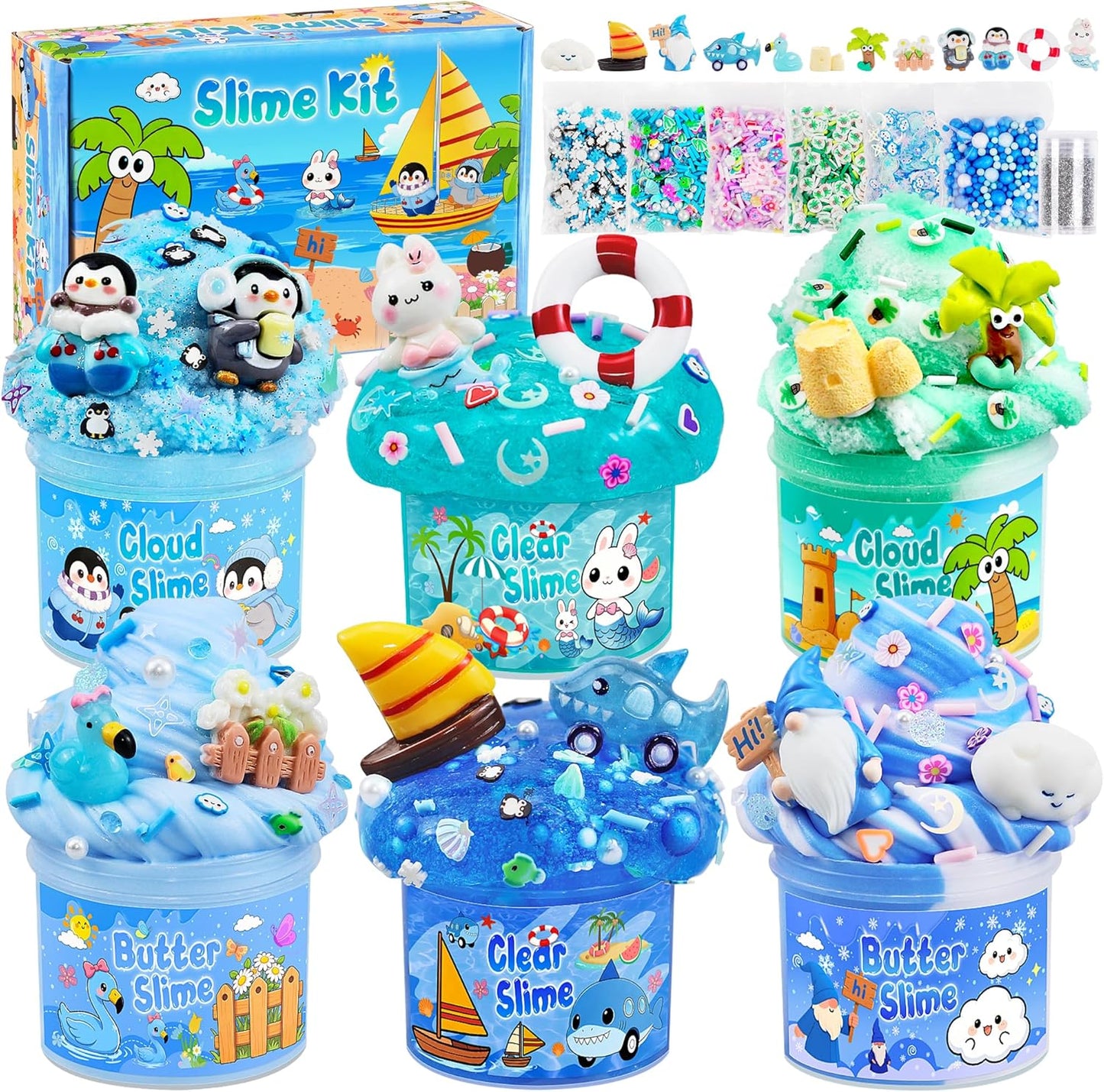 LAWOHO Blue Ocean Slime Kits - 6 Pack Clear Butter Cloud Slime for Kids Ages 8-12 | Perfect Birthday Party Favors