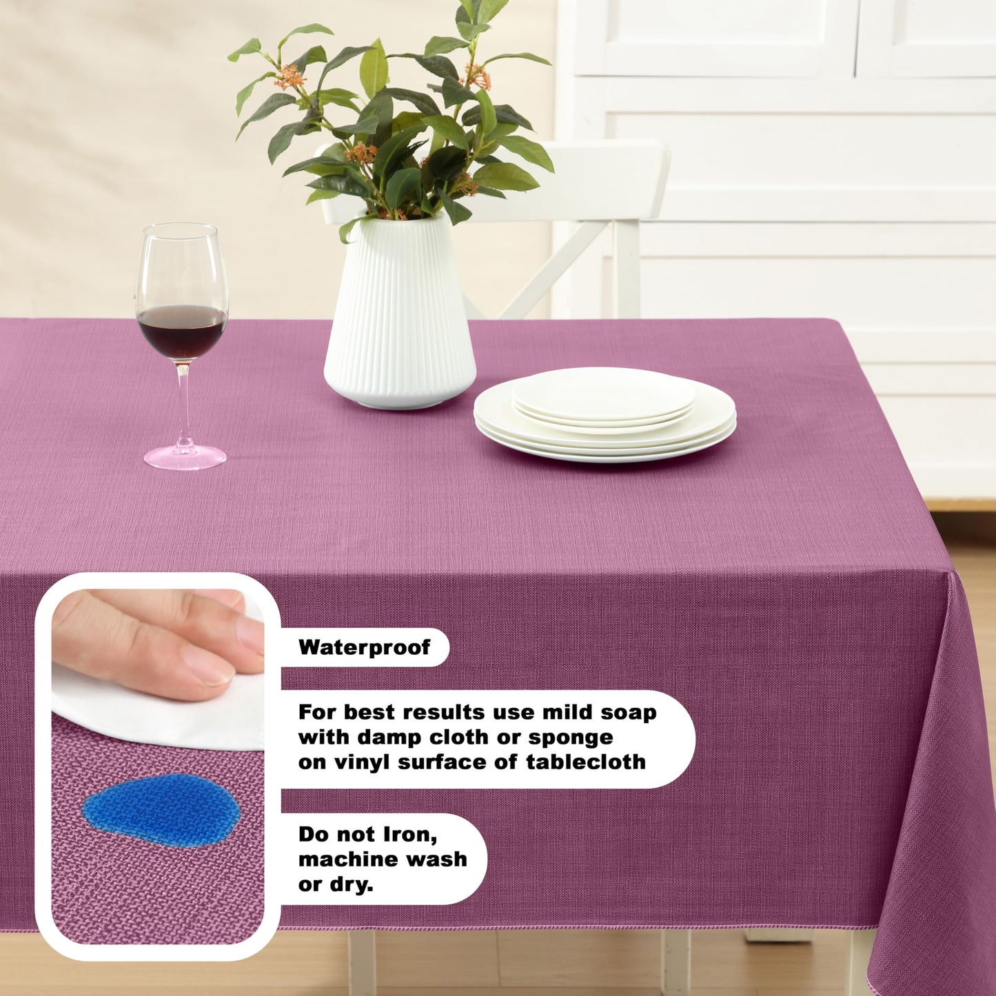 Lintex Cafe Hotel Linen Look Vinyl Flannel Backed Tablecloth, Heavyweight 4 Gauge, 60 x 104 Inch Rectangle, Burgundy Indoor Outdoor Waterproof Wipe Clean Table Cover