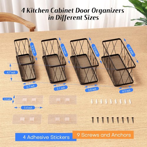 BasicForm Metal Kitchen Cabinet Door Organizer - 4 Pack Adhesive Storage for Tupperware Lids | Black