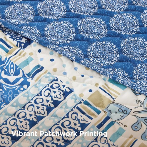 Bedsure Patchwork Quilts - Reversible Blue Floral Queen Comforter | Lightweight Boho Bedding (90"x96")