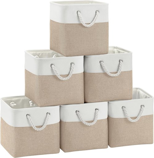 FinishingBo Fabric Storage Cubes - 6 Pack 11x11 Inch Bins with Handles for Home & Office | White/Khaki