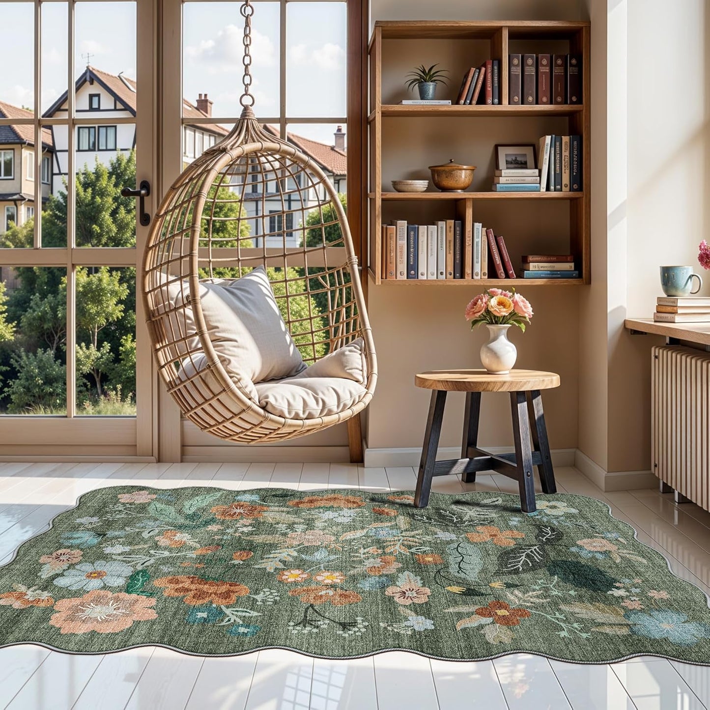 Skiennix Washable 3x5 Entryway Area Rug - Ultra Soft Low Pile Carpet with Non-Slip Backing | Floral Green Design