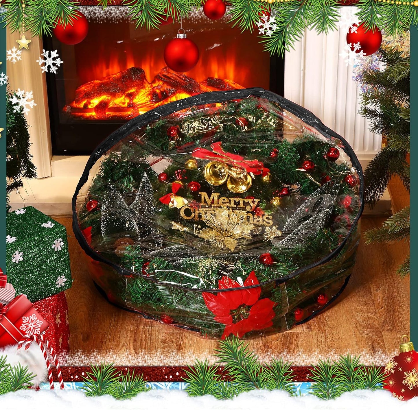 Shappy Clear Christmas Wreath Storage Bag - 24 Inch Wreath Container with Dual Zippers & Reinforced Handles | Black