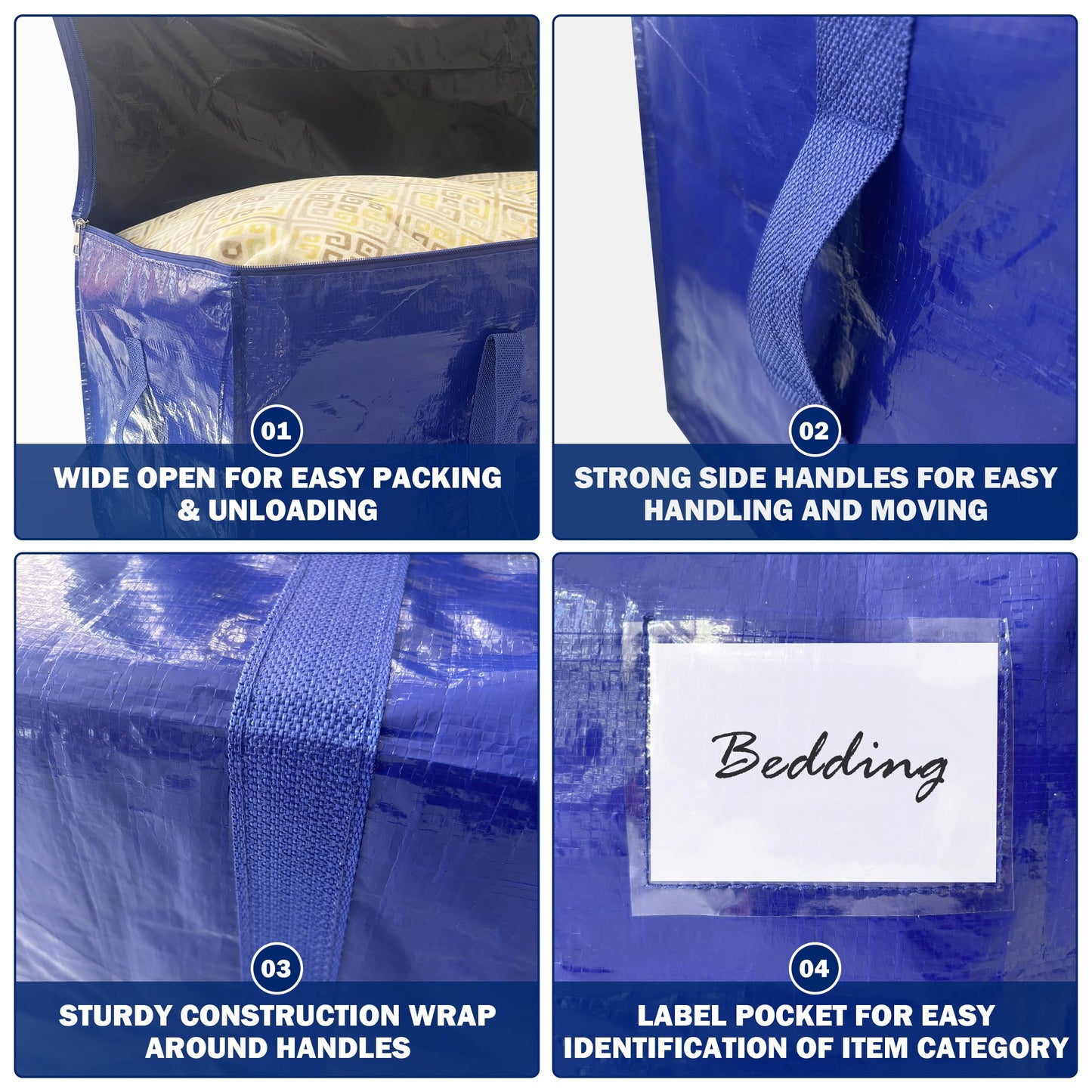 12 Pack Extra Heavy Duty Large Moving Bags with Strong Zipper & Carrying Handles, Sturdy Clothes Storage Bags Totes Bins, Packing Bag Move Boxes College Moving Supplies, Dark Blue - 24 gal