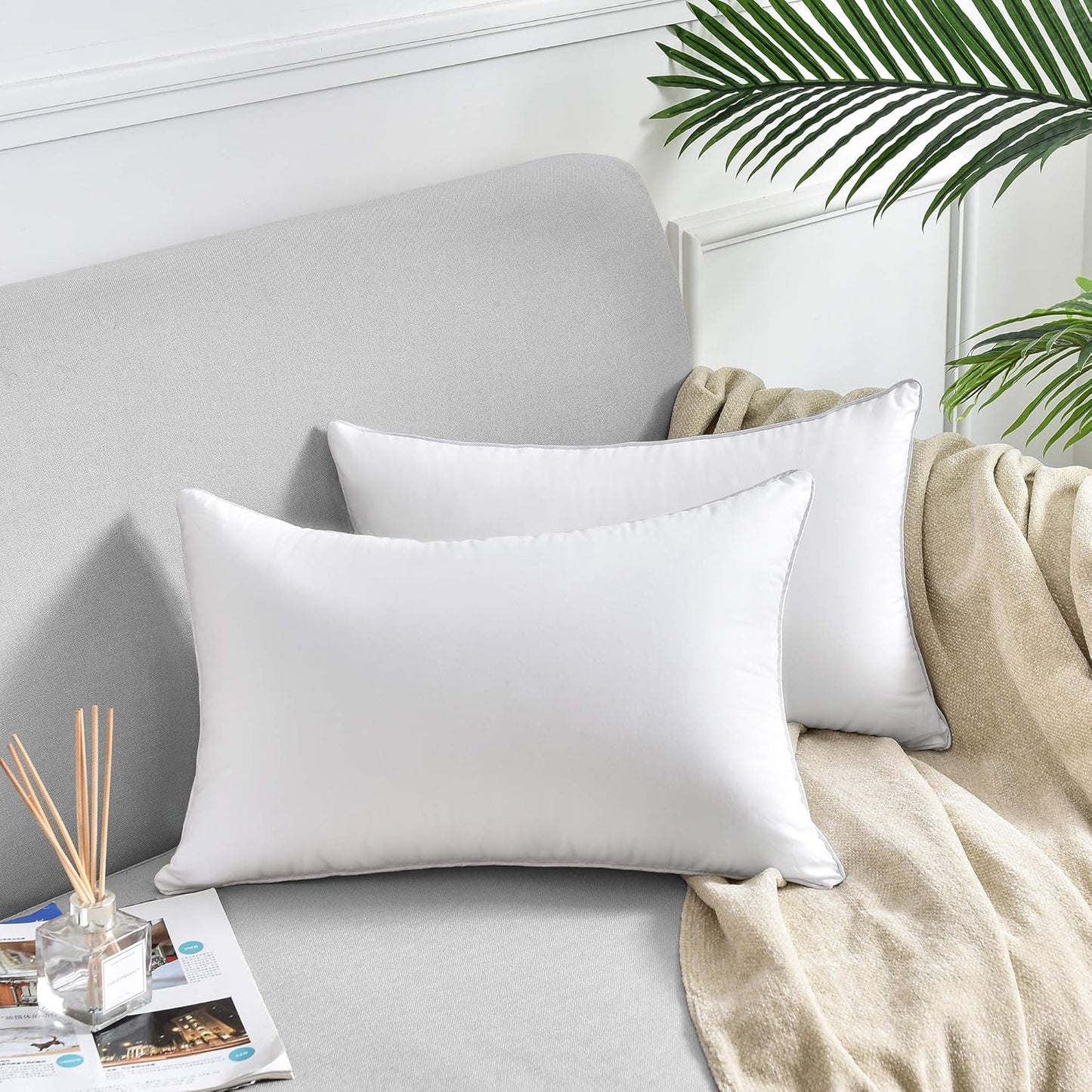 Oubonun Lumbar Pillow Set of 2 | 100% Cotton Decorative Rectangle Inserts - White Sofa Pillows