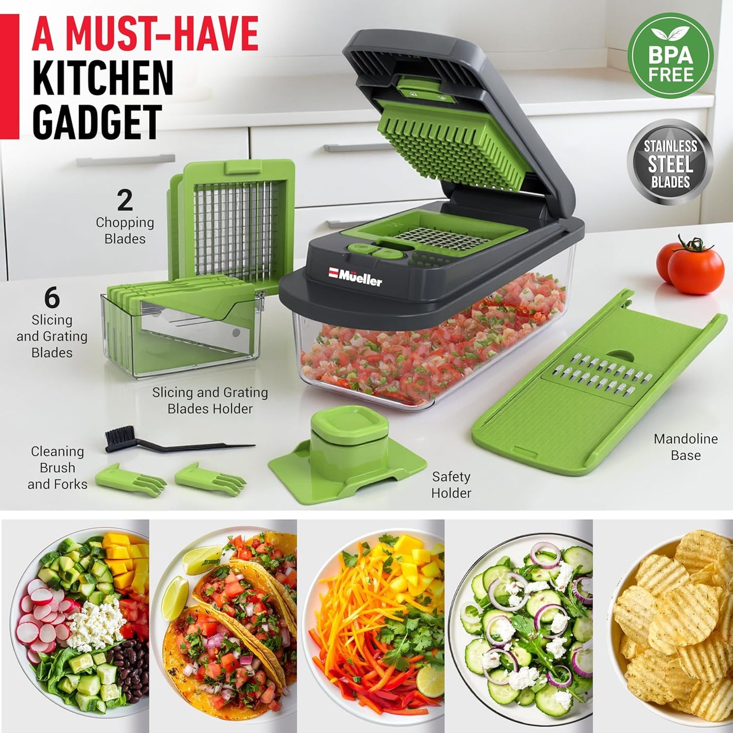Mueller Pro-Series 10-in-1 Vegetable Chopper - 8 Blades for Easy Dicing, Mincing & Slicing | Gray/Green