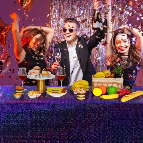 FunnyPars 4 Pack Iridescent Plastic Tablecloths Shiny Disposable Laser Rectangle Table Covers Holographic Foil Tablecloth Iridescent Kpop Birthday Bridal Wedding Party Decoration, 54"x108"(Purple)