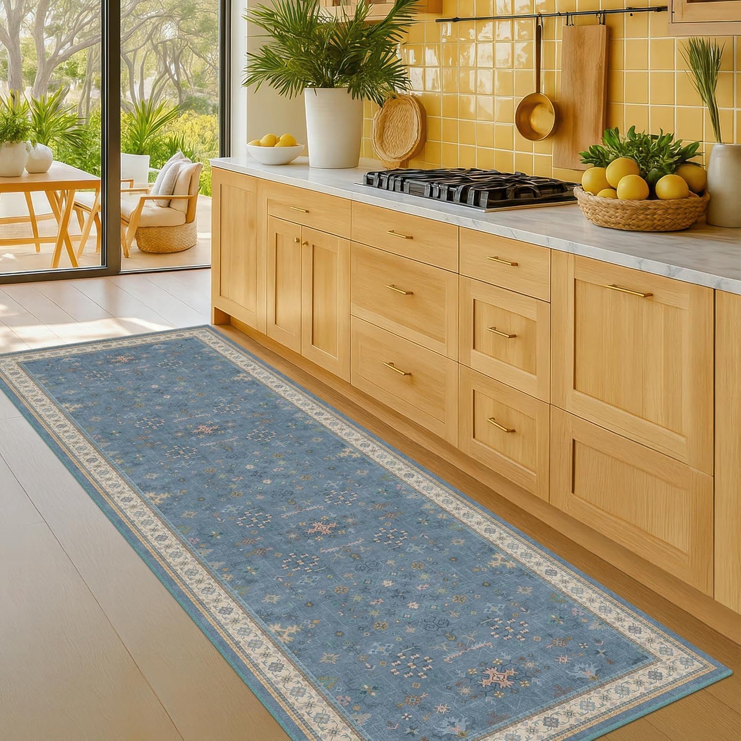 Light Blue Kitchen Runner Rug - Washable Non-Slip Boho Design for Hallway & Bedroom | 2x7 Size