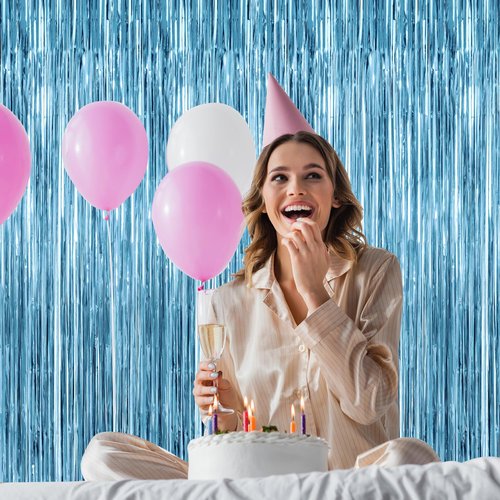2 Pack Party Decorations, 3.28 FT x 7.05 FT Fringe Backdrop, Metallic Ocean Blue Foil Fringe Curtains Party Streamer Foil Backdrop, Light Blue Birthday Decorations Bachelorette Decor