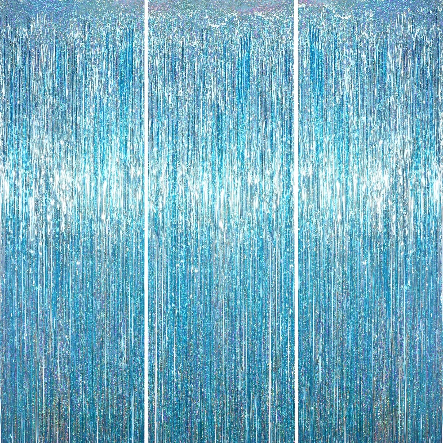 Voircoloria Foil Fringe Backdrop Curtains - 3.3 x 6.6 Ft Tinsel Streamers for Parties | Light Blue