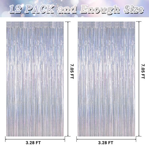 12 Pack Fringe Backdrop, 3.28 FT x 7.08 FT Glitter Silver Tinsel Curtain, Metallic Foil Curtains Party Streamer Disco Backdrop, Silver Party Decorations for New Year Birthday Holiday