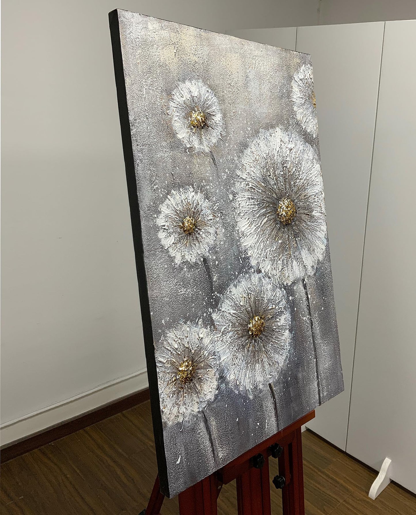 Boieesen Art,24x36Inch 100% Hand Painted Minimalist Dandelion Oil Painting White Wildflowers Wall Art Grey and Gold Floral Canvas Paintings Neutral Landscapel Artwork Oil Hand Painting for Living Room